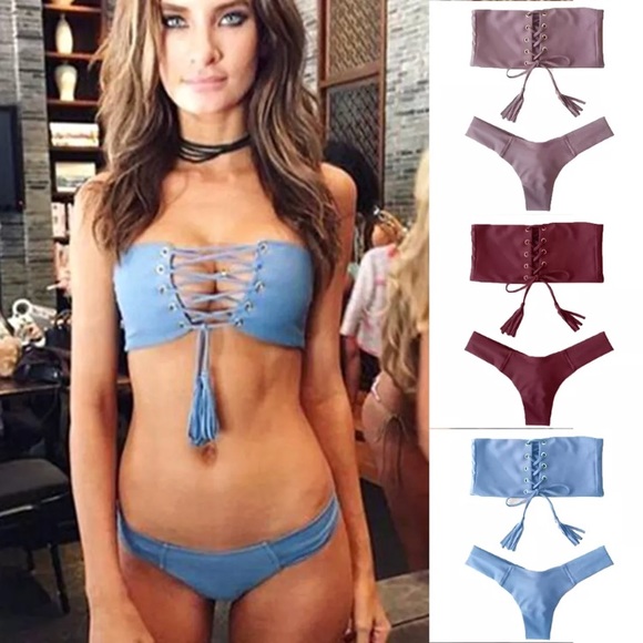 Wine Bikini Swim Two Piece Lace Up Bandeau Set - Picture 3 of 3